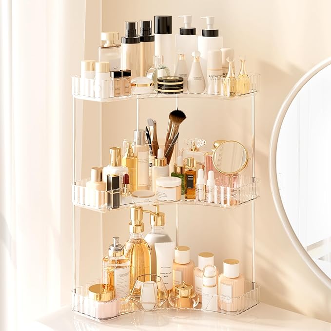 3-Tier Corner Bathroom Counter Organizer, Large Makeup Organizer For Vanity, Skincare Perfume Organizers For Women Or Men, Ex