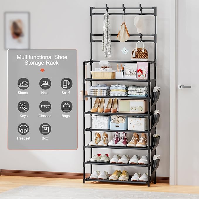 Shoe Rack 7 Tier Shoe Organizer Storage 21-28 Pairs Closet Shoes Rack for Front Door Entrance Shoe Rack Organizer with Hooks 
