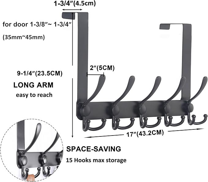 Dseap Over The Door Hook Hanger - Fits 1 3/8" to 1 3/4" Standard Doors | 5 Tri Hooks Heavy Duty Towel/Coat Rack | Door Organi