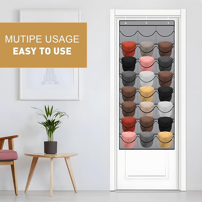 BiCINE Hat Rack for Baseball Caps, 24 Pocket Over The Door Hat Organizer Storage, Hat Holder for Door with 3 Hooks, Grey - 1 