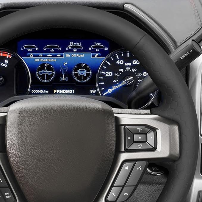 MEWANT Hand Stitch Black Hexagon Embossed Faux Leather Steering Wheel Cover for Ford F150 F250 F350 Expedition 2018-2021