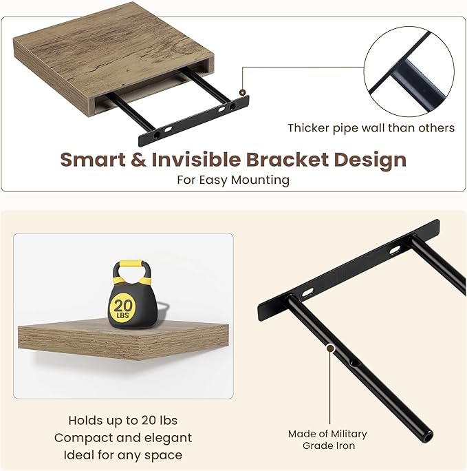 Fun Memories Floating Shelves for Wall - 7.5 Inch Square Shelves with Invisible Brackets, Grey Small Wall Shelf for Living Ro