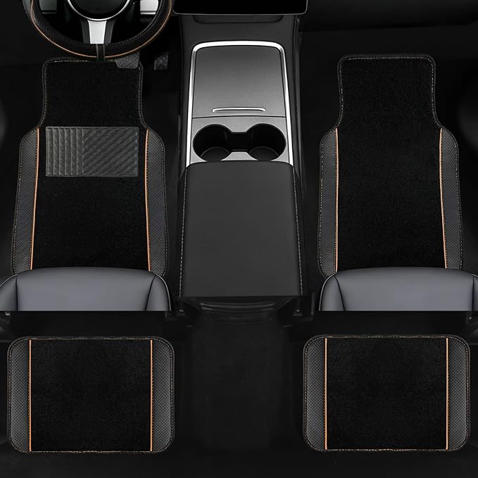 NBTEPEM Waterproof Universal Fit Car Floor Mats, Faux Leather Sporty Car Carpet Mats with Anti-Slip Nibbs Backing & Driver Heel Pad Fit for SUV, Vans, Sedans, Trucks, Set of 4 (Black with Beige line)