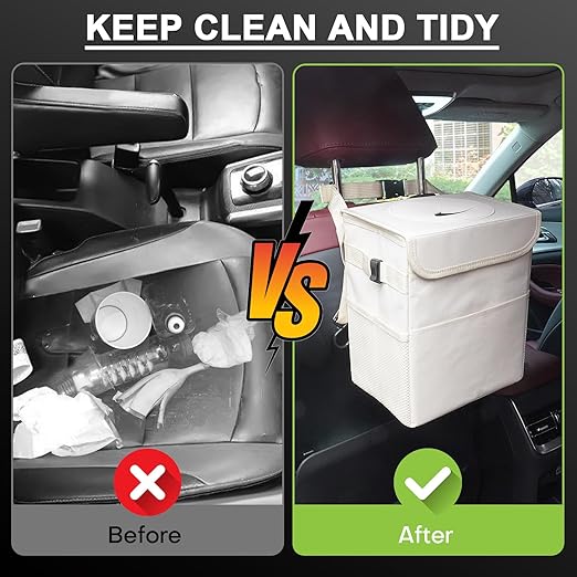 Car Trash Can Bin with Lid - Collapsible Car Garbage Can with Storage Pockets-Beige Mini Leakproof Vehicle Trash Bag-Small Automotive Organizers and Storage for Back/Front Seat SUV Truck Accessories