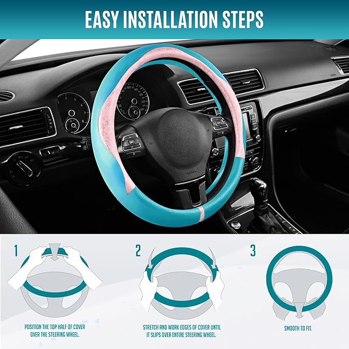 PIC AUTO Steering Wheel Cover, Pink Patterned & Blue Leather Patchwork Design, Universal Fit 14.5"–15.5", Anti-Slip, Odor-Fre