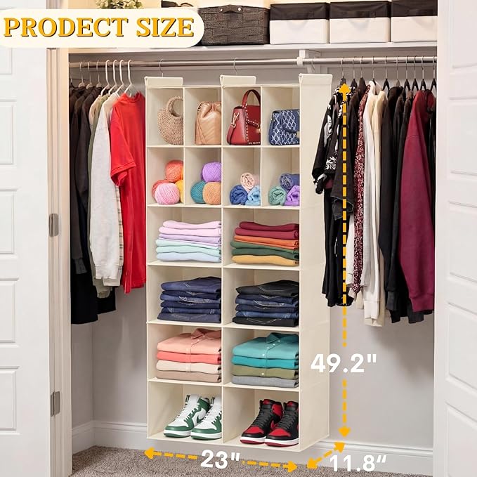 Ofiray-home 6 Tier Hanging Closet Organizer, 16 Compartments Sweater Organizer for Closet with 3 Sturdy Hooks, Closet Organiz