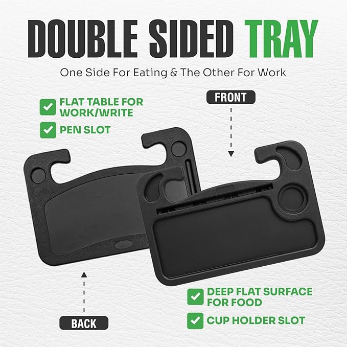 lebogner Steering Wheel Tray, Car Food Trays for Eating with iPad Tablet Slot, Multipurpose Double-Sided Hook On Travel Auto Steering Wheel Desk Table for Laptop & Notebook with Cup Holder, Black