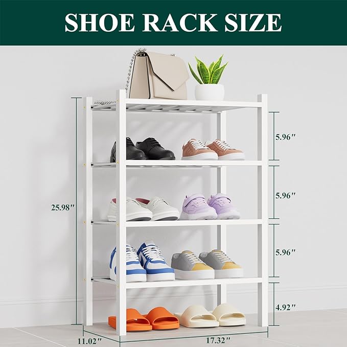 Smiry Shoe Rack, 4 Tier Thick Small Bamboo Shoe Organizer, Stackable Free Standing Wooden Shoe Storage Shelf for Closet, Entr