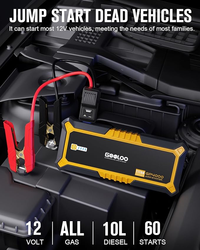 GOOLOO GP4000 Jump Starter 4000A Peak Car Starter (All Gas,up to 10.0L Diesel Engine) SuperSafe 12V Lithium Jump Box,Auto