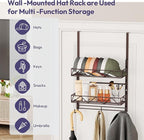 SWTYMIKI Over Door Hat Organizer - 3 Tier Wall Mounted Hat Rack with 2 Adjustable Metal Basket and 3 Hooks, Hanging Baseball 