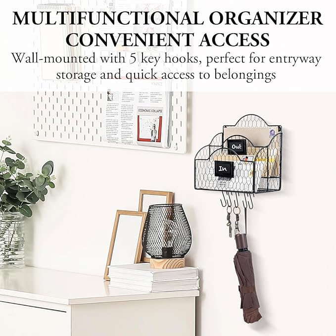 MyGift 2 Compartment Mail Inbox/Outbox Sorter, Wall Mounted Modern Black Metal Wire Entryway Organizer Basket for Mails, Bill
