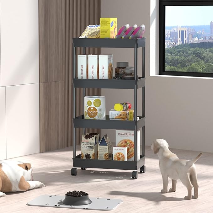 Sooyee 4 Tier Wide Storage Cart Mobile Shelving Unit Organizer Slide Out Storage Rolling Utility Cart Tower Rack for Kitchen 