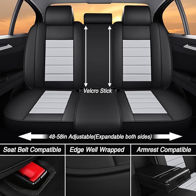 Seat Covers for Ford Expedition Max 2018-2026 8 Seaters, Compatible Airbag Non-Slip Waterproof Leather Seat Protector, Luxury Car Seat Cover Full Set with Pillow Steering Wheel Covers, Black Gray