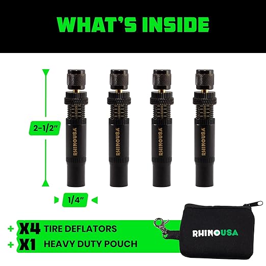 Rhino USA Adjustable Tire Deflator Kit (10-30 PSI) Ultimate Screw-on Automatic Tire Deflators for Offroad - Quick & Easy Air Down System for The Trails - Best Jeep Off Road Accessories (4-Pack) -Black