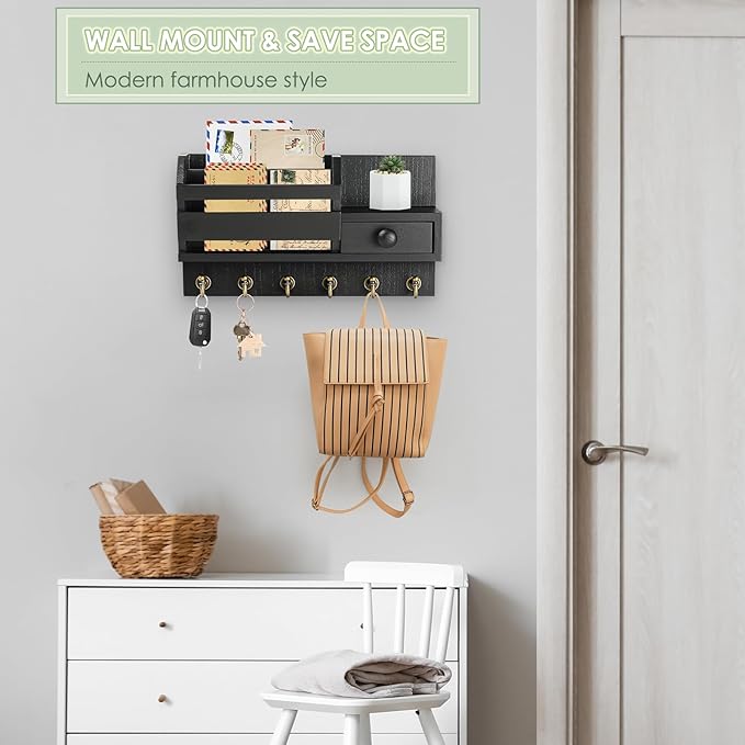 VIS'V Key Holder Wall Mount, Wooden Mail and Key Organizer with Drawer and Shelf, 2 Slots, 6 Hooks, Black