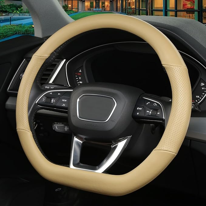 Cxtiy D Shaped Steering Wheel Cover, Genuine Leather Flat Bottom Stearing Wheel Cover Luxury Car Accessories 14 1/2-15 inch (Beige)