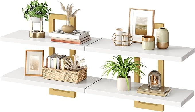 HOOBRO Floating Shelves, 15 Inch Wall Shelf Set of 2, Wall Mounted Storage Shelves 2-Tier, Hanging Bathroom Shelves, for Livi
