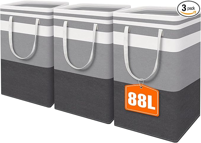 HomeHacks 3-Pack Large Laundry Basket, Waterproof, Freestanding Laundry Hamper, Collapsible Tall Clothes Hamper with Extended