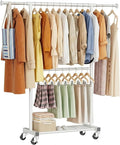 Double Clothing Rack, Clothes Rack for Hanging Clothes, Rolling Garment Rack with Adjustable Rod, White
