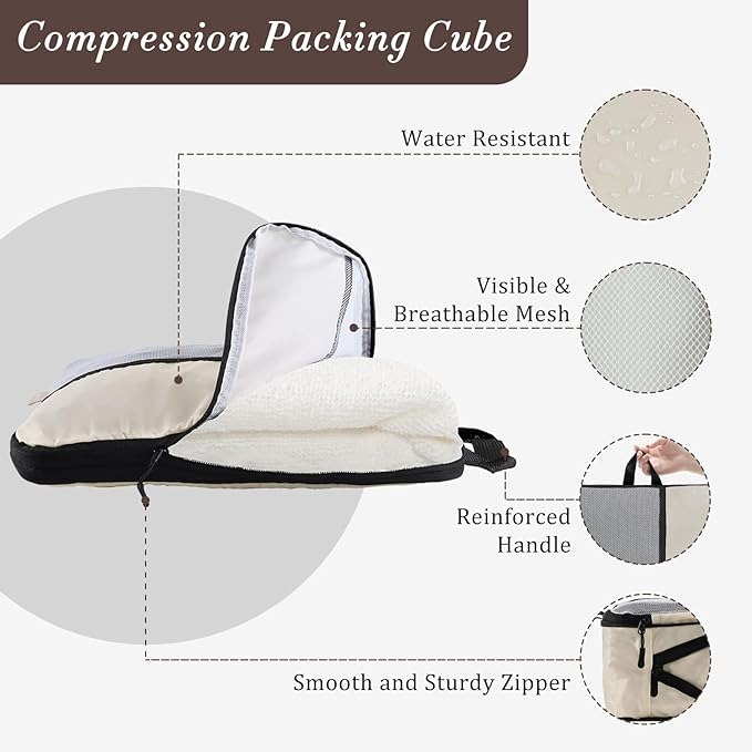 U+U 10 Set Compression Packing Cubes - Ultralight Cream Travel Organizers with Laundry Bag, Space-Saving Suitcase Organizer, 