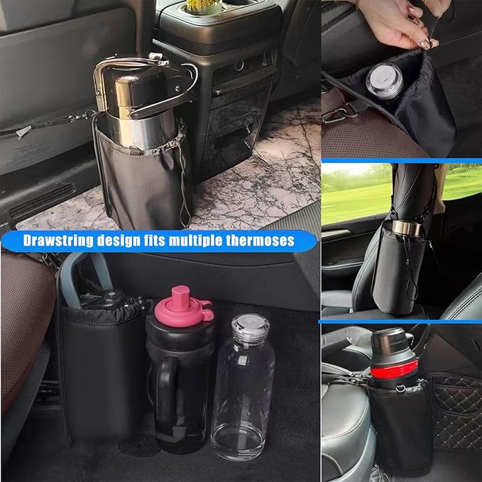 Extra Wide Car Cup Holder Expander - 5.5” Opening & 10” Deep Holds 40oz Tumblers, Soup Thermos & Umbrellas, Adjustable Drawstring Lock, Waterproof Vehicle Organizer