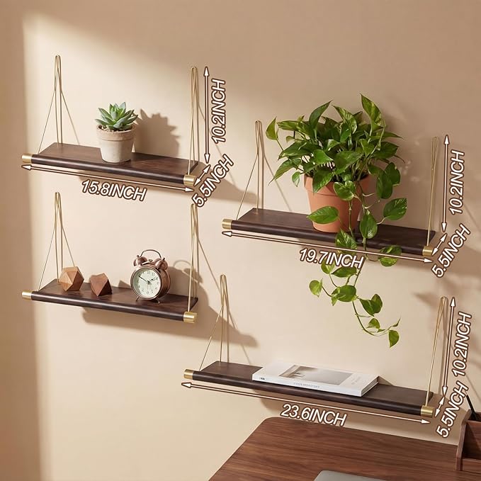 Pinkunn 4pcs Mid Century Modern Decor Walnut Floating Shelves for Wall Mounted Storage Shelves Solid Wood Rustic Decorative S