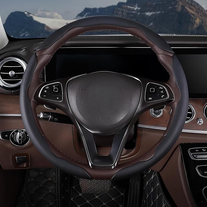 Car Steering Wheel Cover Leather Snap On 3Pcs Set Non-Slip Protector Wrap Steering Wheel Accessories 14.5-15 inch Universal B