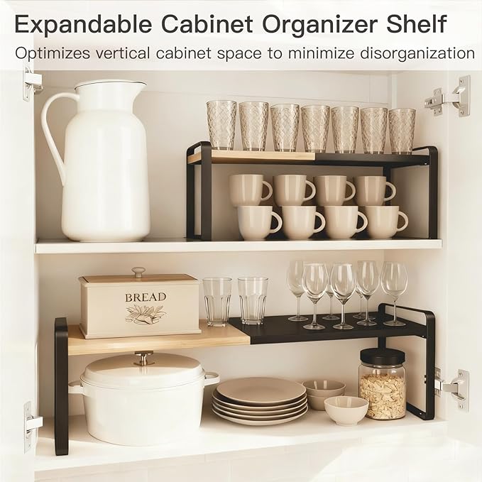 Expandable Kitchen Counter Shelf Organizer, Black Coffee Bar Accessories & Station Decor, Industrial Cabinet Riser with [Secu