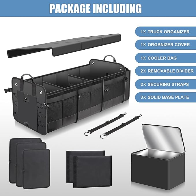 Car Trunk Organizer with Lid & Removable Leakproof Cooler Bag,Foldable Cover,Large Trunk Organizers,Multi-Compartment Collap