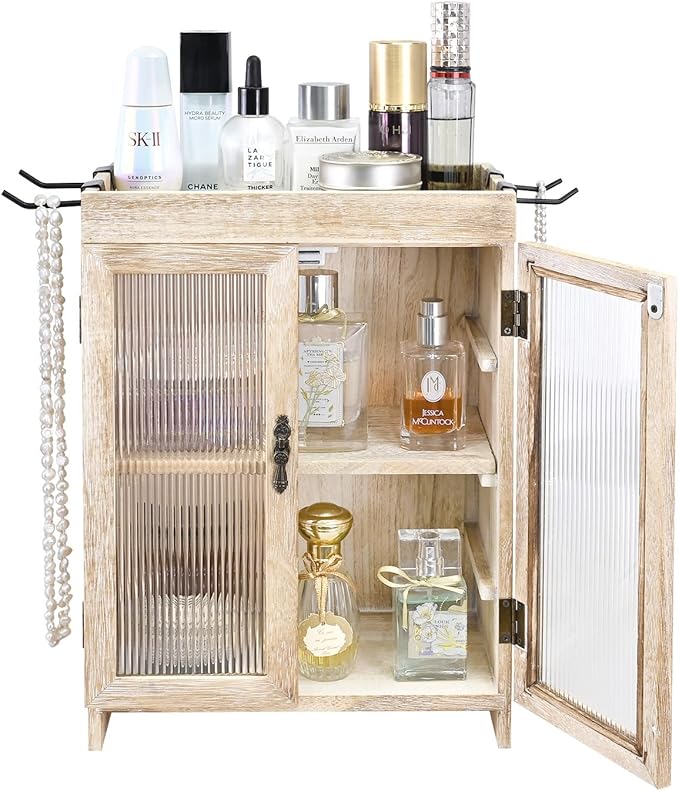 Ikee Design Wooden Countertop Storage Cabinet with Wavy Magnetic Door, Adjustable Shelves, Removable Hooks. Perfect for Perfu