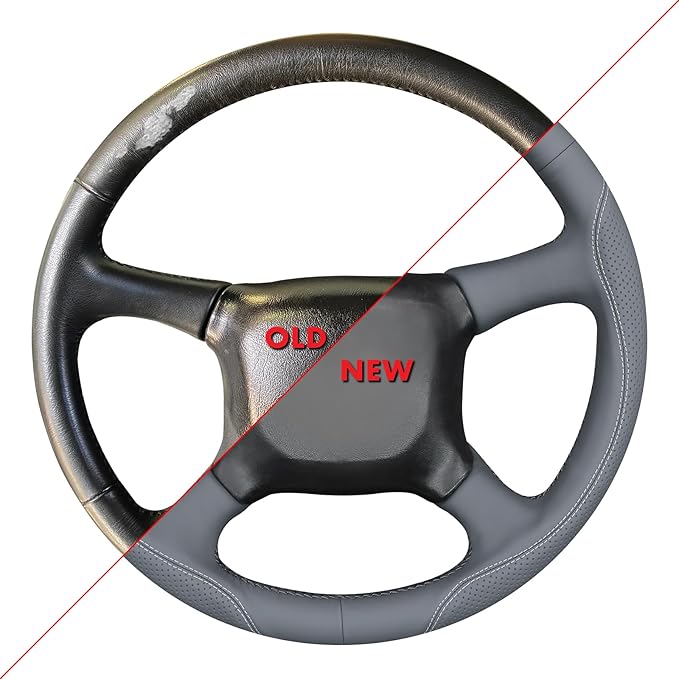 MEWANT Hand Stitch Steering Wheel Cover for Chevy Silverado 1500 2500 3500 1999-2002 Tahoe Suburban 1998-2002 Astro Blazer S10 Kodiak C/K Grey Real Leather Custom-Fit Anti-Slip Interior Wrap