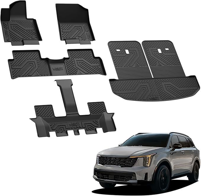 LASFIT Floor Mats & Backrest Mats & Cargo Mat for Kia Sorento Hybrid PHEV 2026 2025 2024 2023 2022 2021 (Not Fit Gasoline), All Weather TPE Custom Fit Floor Liners Car Mats Accessoires, Black