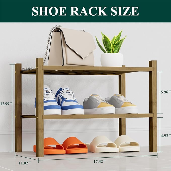 Smiry Shoe Rack, 2 Tier Thick Small Bamboo Shoe Organizer, Stackable Free Standing Wooden Shoe Storage Shelf for Closet, Entr