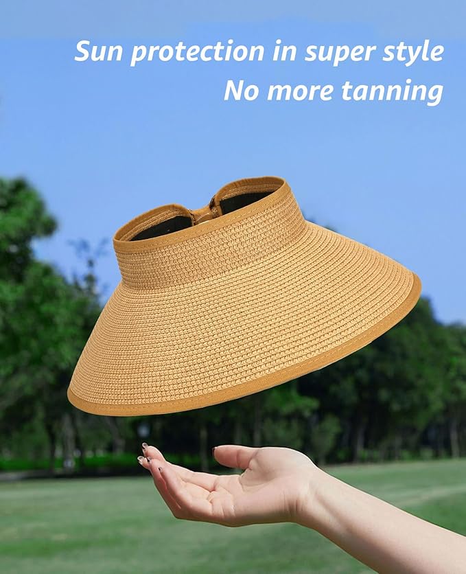 Sun Visor Hat for Women, Wide Brim Straw Summer UV Protection Hat, Foldable Roll-up Packable Beach Cap