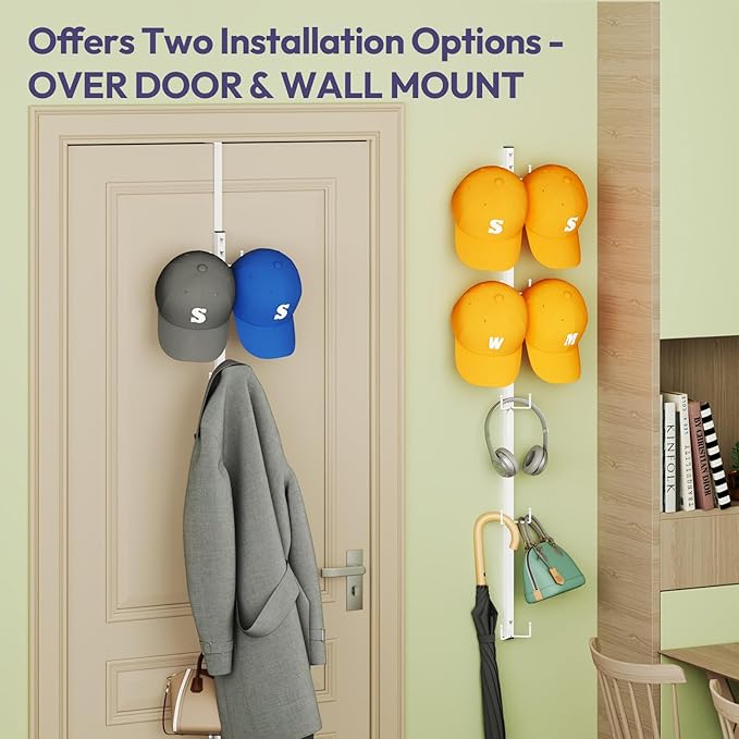 SWTYMIKI Over Door Hat Organizer - 2 Packs Metal Wall Mounted Hat Rack with 5-Tier Dual Hooks Design, Hanging Baseball Cap Or