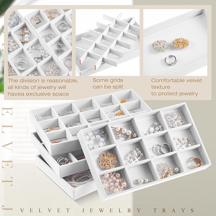 Junkin 12 Pcs Jewelry Tray Velvet Stackable Jewelry Organizer Trays Divided Earring Accessories Storage Containers Box (Rose 