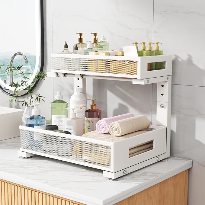 2-Pack Under Sink Storage Organizer, Large 2-Tier Elegant Mesh Pull Out Shelf for Kitchen and Bathroom Cabinet Organization, 
