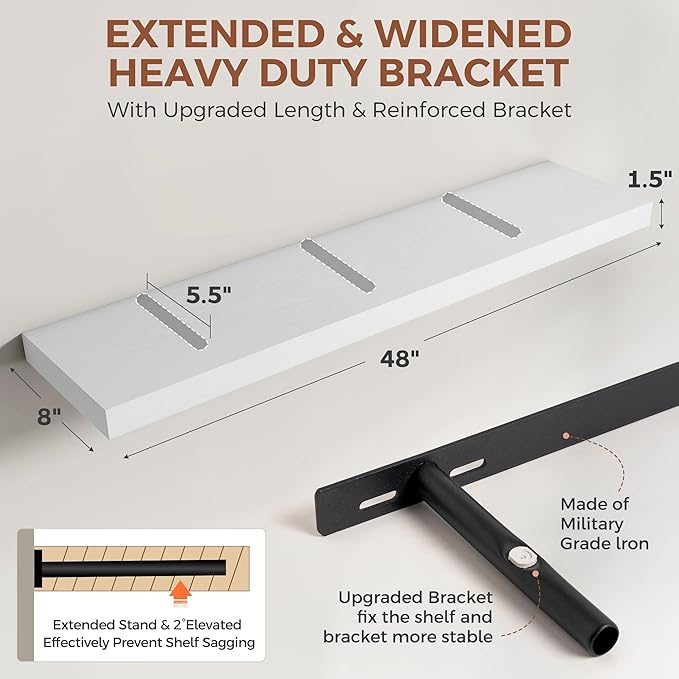 Dreamland White Floating Shelves 48 Inch Long,8 Inch Deep Floating Shelves,48" W x 8" D Wall Shelves for Bedroom,Living Room,