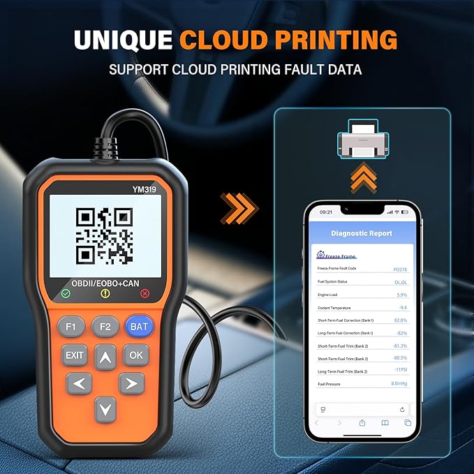 BluSon YM319 OBD2 Scanner Diagnostic Tool with Battery Tester, Check Engine Fault Code Reader with Live Data, Cloud Printing,