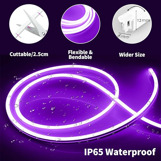 iNextStation 12V Purple LED Strip Lights 16.4FT, Flexible Silicone Neon Rope Light, Waterproof, Cuttable, Dimmable & Linkable, for Cabinet, Ceiling, Wall, Bedroom, Kitchen, Garage (No Adapter)