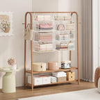 SWTYMIKI Hanging Closet Organizer Storage - 4 Tier Metal Stackable Hanging Closet Shelves with Dividers and S Hooks, Foldable