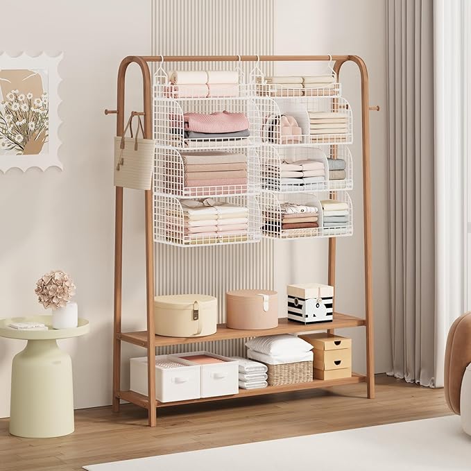 SWTYMIKI Hanging Closet Organizer Storage - 4 Tier Metal Stackable Hanging Closet Shelves with Dividers and S Hooks, Foldable