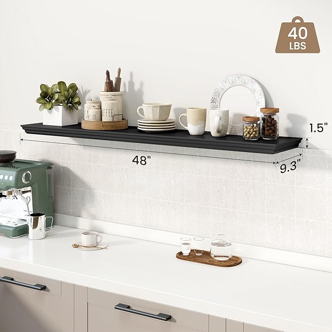 Axeman 48 Inch Floating Shelves for Wall, 9.3" Deep Crown Molding Wood Display Shelf with Heavy Duty Invisible Brackets for L