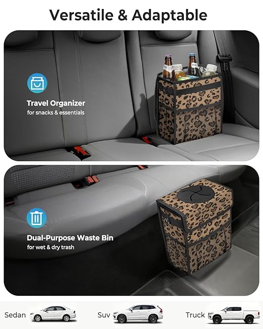 Corduroy Car Trash Can with Lid and Mesh Pockets - Leakproof Organizer,Multipurpose Waterproof Garbage Can/Trash Bin for Car(Leopard Print-3 Gallons)