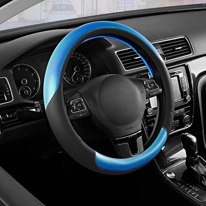Road Comforts Steering Wheel Cover – Breathable Leather Steering Wheel Cover, Anti-Slip Grip, Universal Fit 14.5” to 15”, Hea