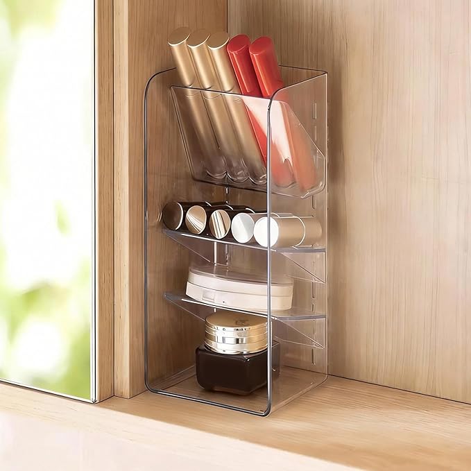 PAVSTINE Medicine Cabinet Organizer with Adjustable Dividers, Clear Vertical Layered Backward Slanting Shelves for Makeup Bru