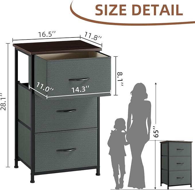 Somdot Dresser for Bedroom with 3 Drawers, Storage Organizer Chest of Drawers with Removable Fabric Bins for Closet Bedside L