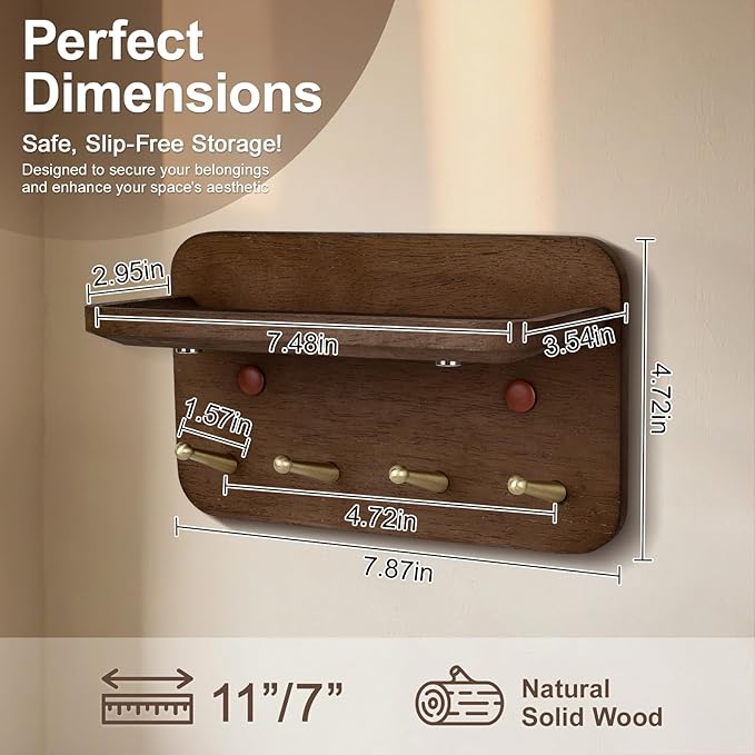 Key Holder Wall Mount, Solid Wood Key Holder for Wall with 4 Brass Hooks & Hidden Magnets, 15° Incline Hooks & Grooved Design