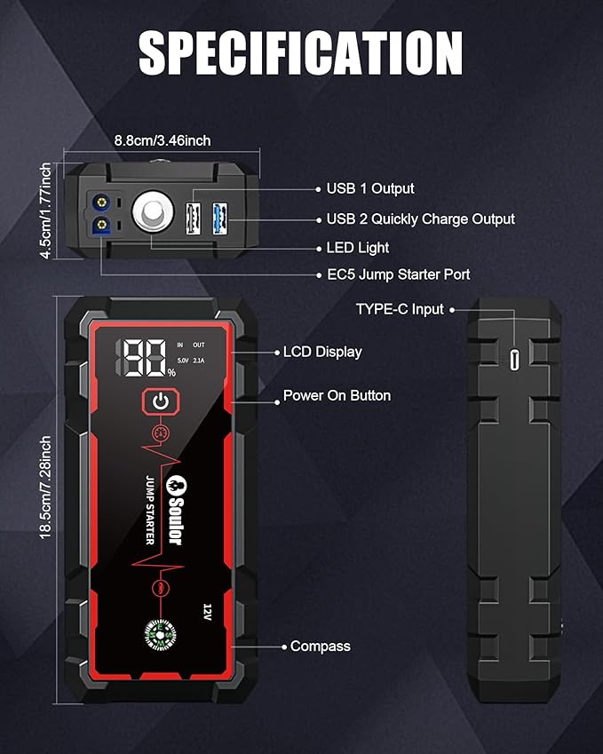 Jump Starter, 5000A Car Battery Jumper Starter Portable, Jump Box Battery Booster with 3 Modes Flashlight, Jumper Cables