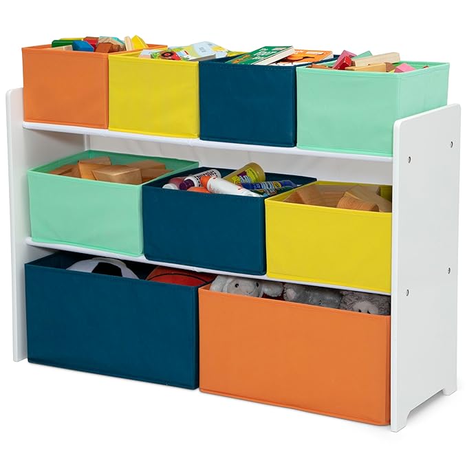Delta Children Deluxe Multi-Bin Toy Organizer with Storage Bins - Greenguard Gold Certified, White with Navy/Green/Pastel Bin